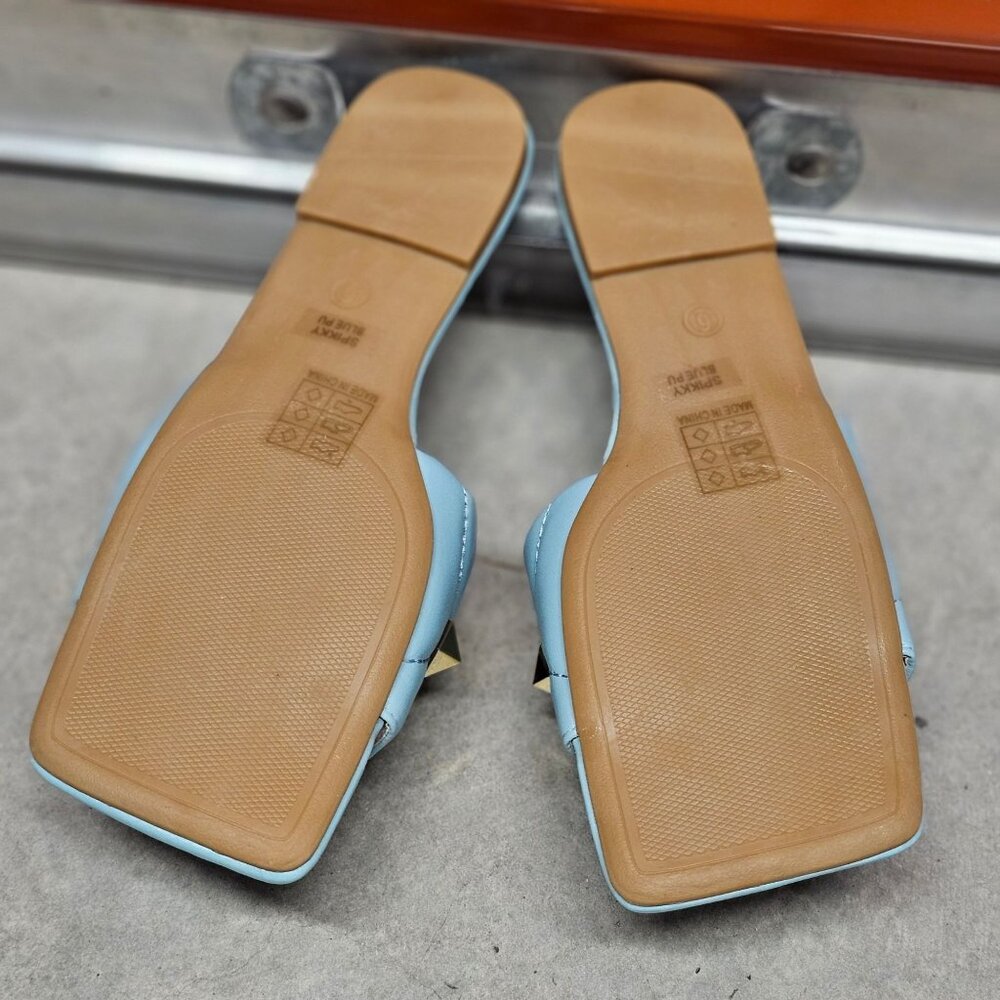 Quilted Sky Blue Slide Sandals With Gold Studs Square Toe Casual Flat Design For - Picture 5 of 5